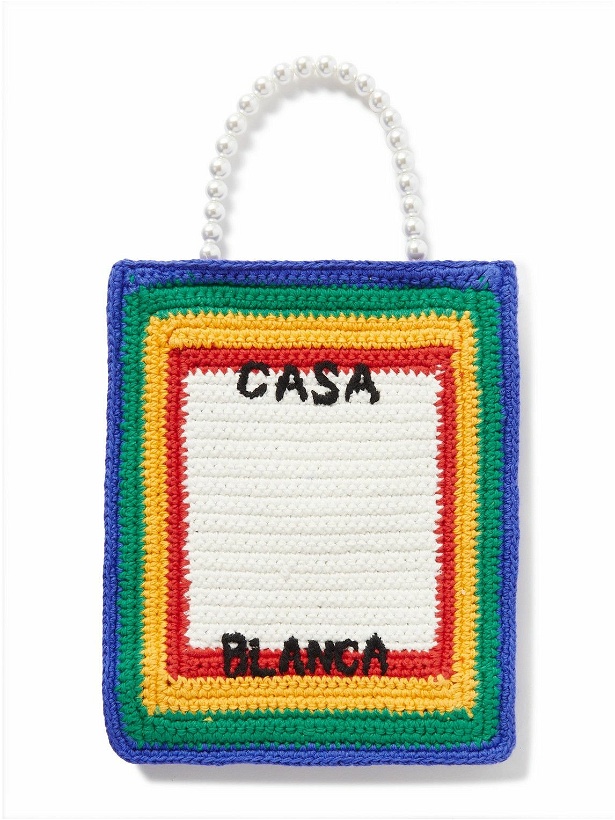 Photo: Casablanca - Mini Embellished Embroidered Striped Crochet-Knit Tote Bag