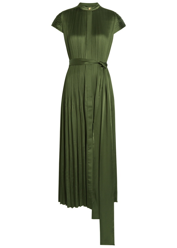 Photo: Joseph Phare Plissé Belted Satin Midi Dress Dark Green