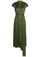 Joseph Phare Plissé Belted Satin Midi Dress Dark Green