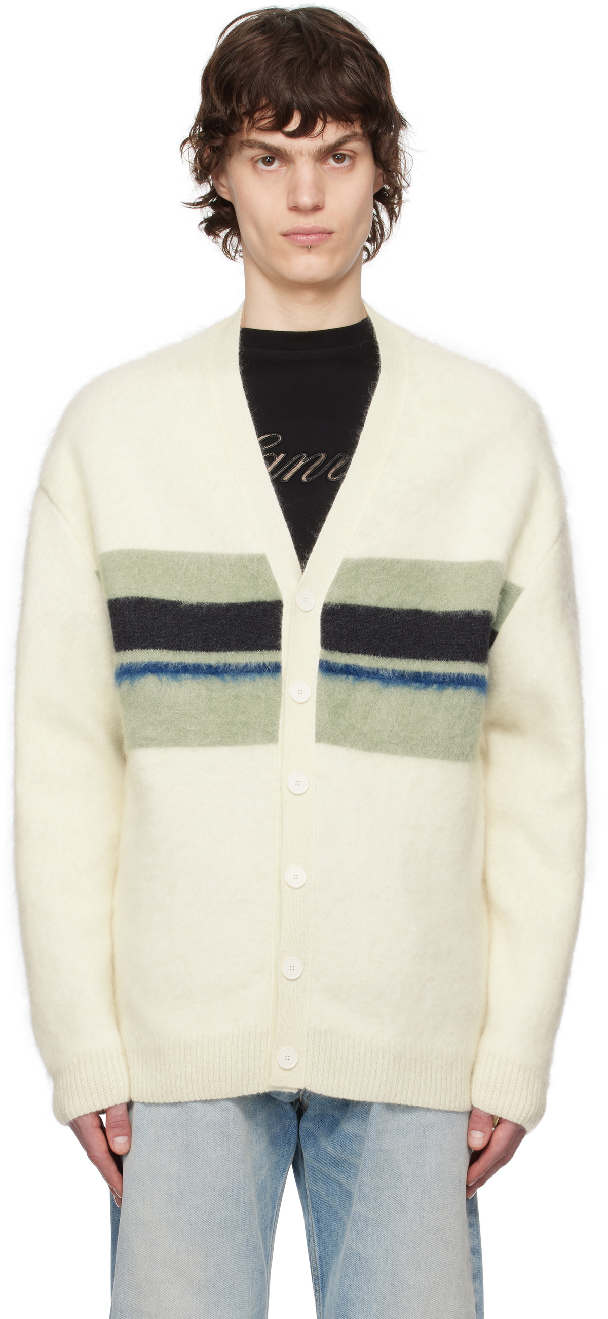 Lanvin Off-White & Green Striped Brushed Mohair Cardigan