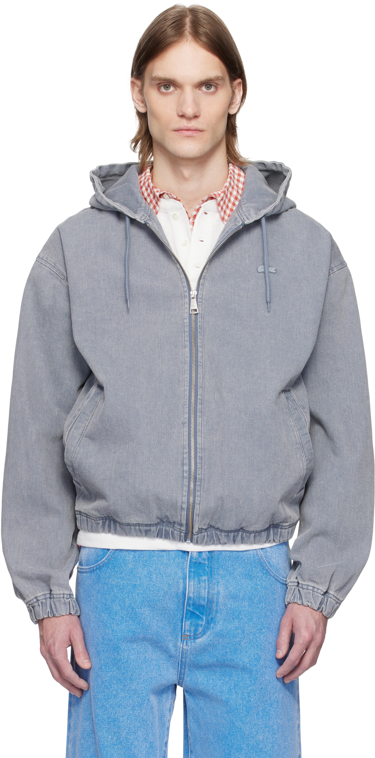 Lacoste Gray Washed Effect Hooded Denim Jacket Lacoste