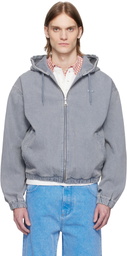 Lacoste Gray Washed Effect Hooded Denim Jacket