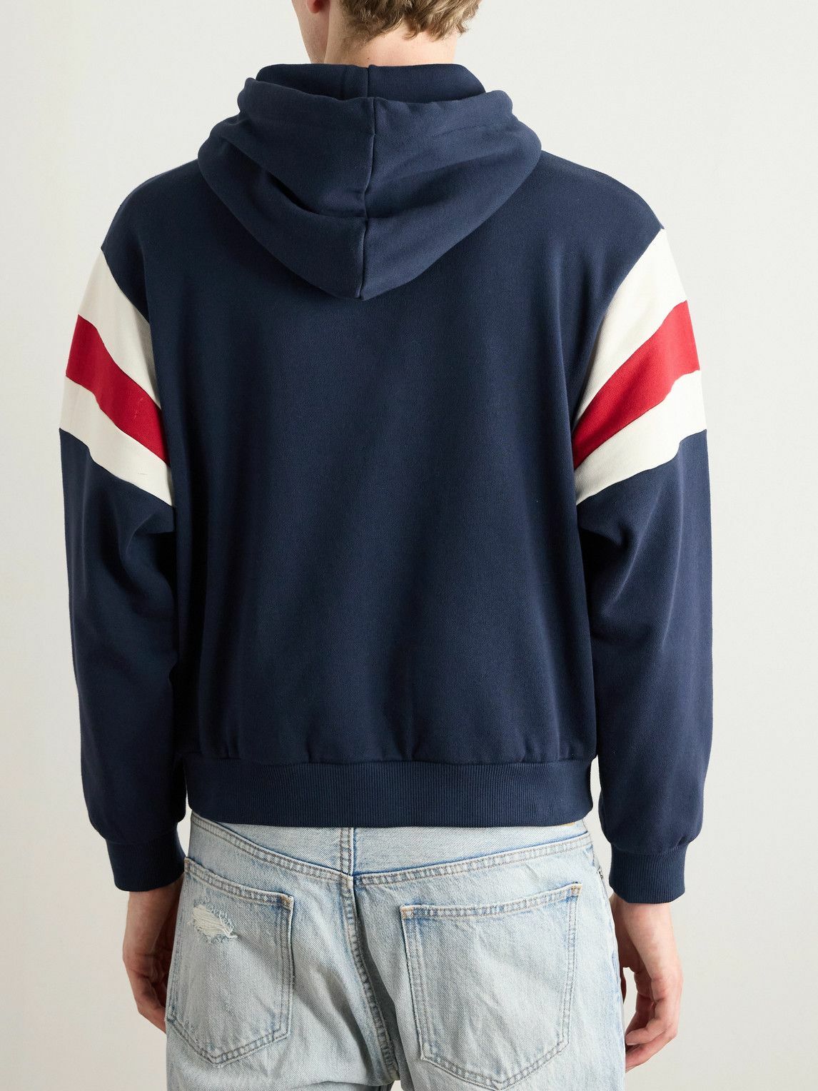 CELINE - Logo-Flocked Striped Cotton-Jersey Hoodie - Blue