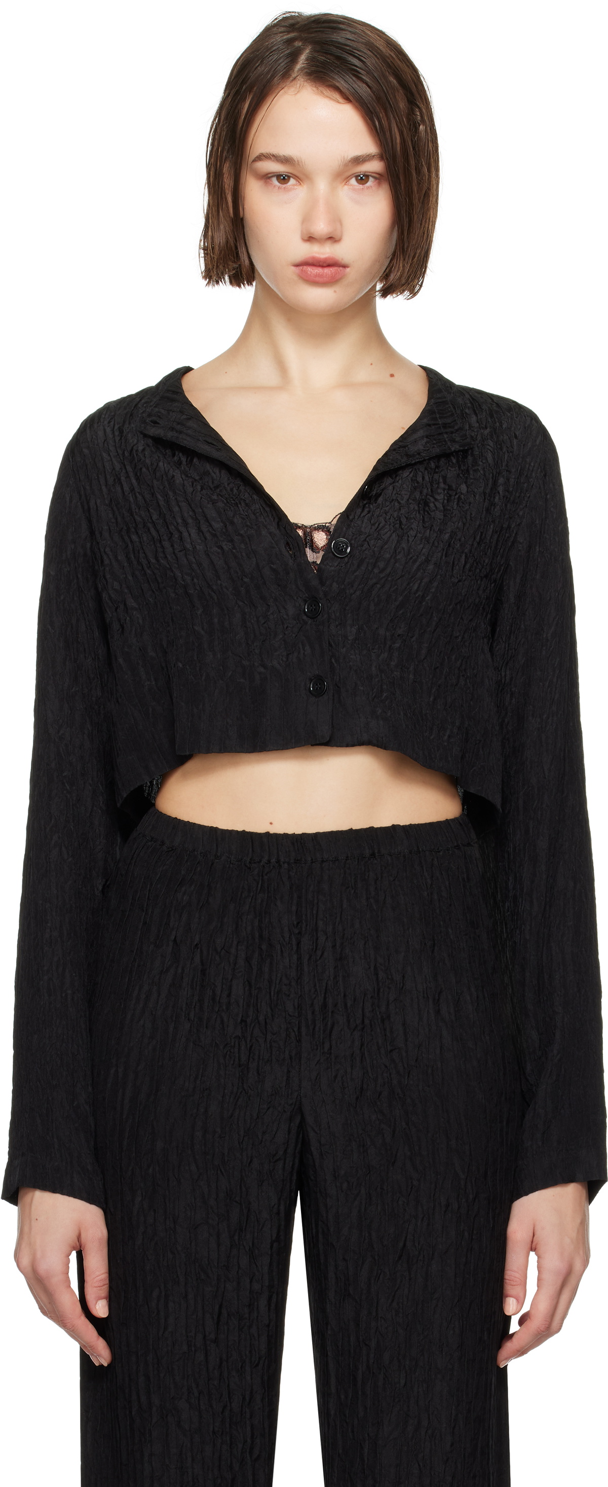 Silk Laundry Black Crinkle Collarless Crop Shirt