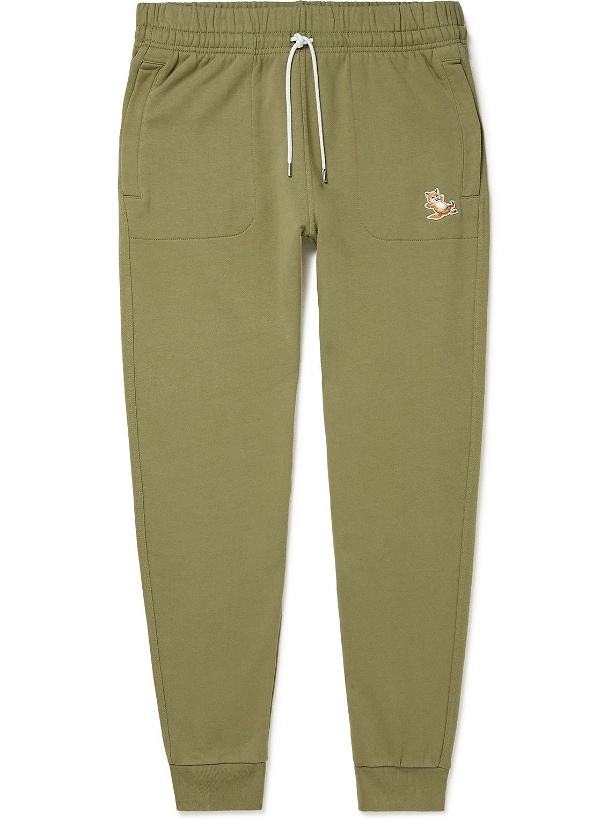 Photo: Maison Kitsuné - Tapered Logo-Appliquéd Cotton-Jersey Sweatpants - Green