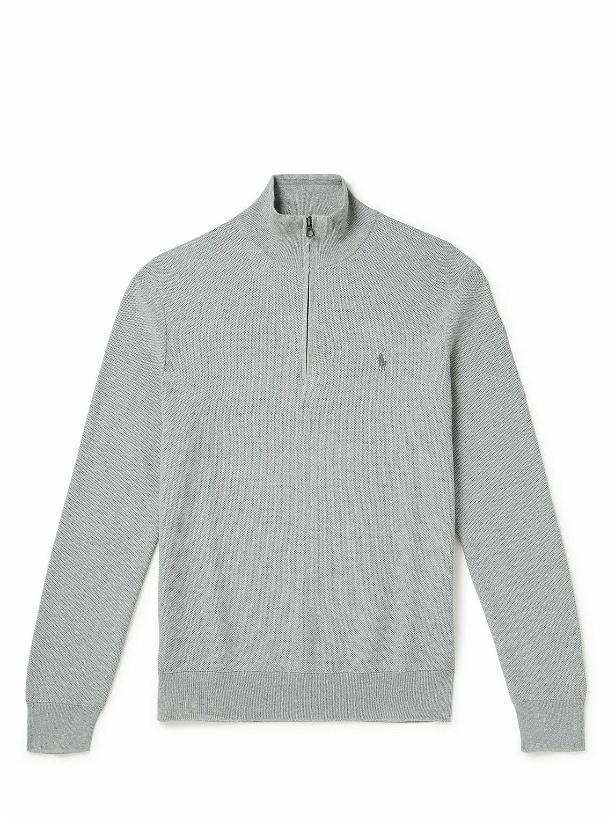 Photo: Polo Ralph Lauren - Logo-Embroidered Honeycomb-Knit Cotton Half-Zip Sweater - Gray