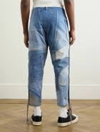 Greg Lauren - Tapered Cropped Frayed Patchwork Drawstring Jeans - Blue