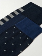 Kingsman - Three-Pack Patterned Cotton-Blend Socks - Blue