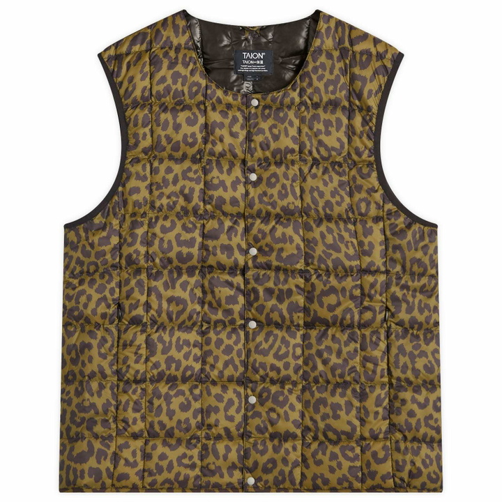 Photo: Taion Men's Crew Neck Down Vest in Leopard