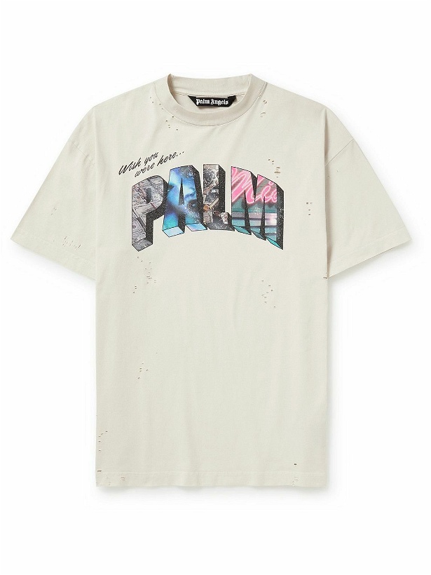 Photo: Palm Angels - Logo-Print Distressed Cotton-Jersey T-Shirt - White
