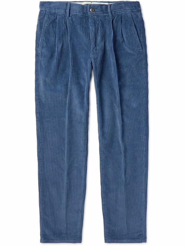 Photo: Incotex - Tapered Pleated Cotton-Blend Corduroy Trousers - Blue