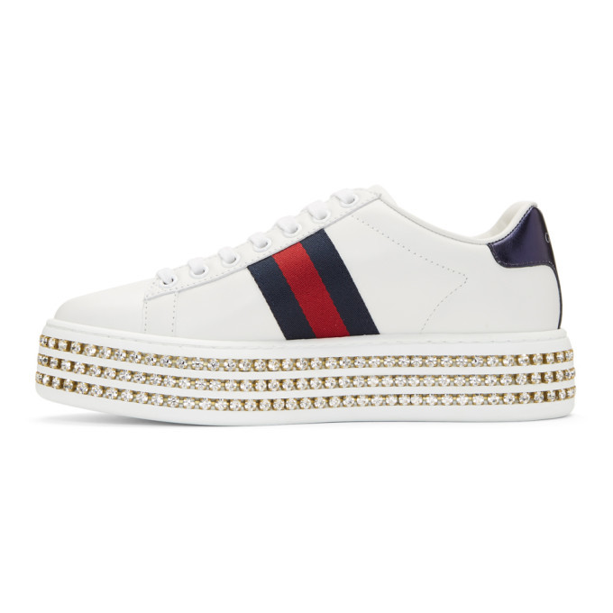Gucci White Crystal New Ace Platform Sneakers