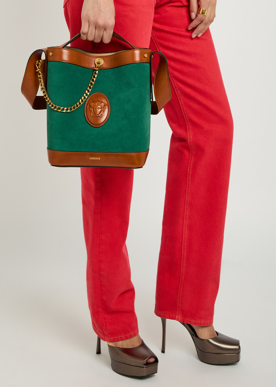 Versace Chain Small Leather and Suede Bucket bag - Green - One Size