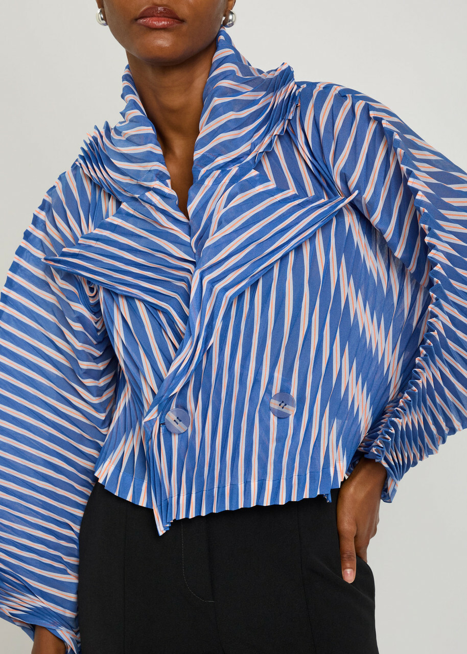 Issey Miyake Striped Pleated Woven Jacket Blue