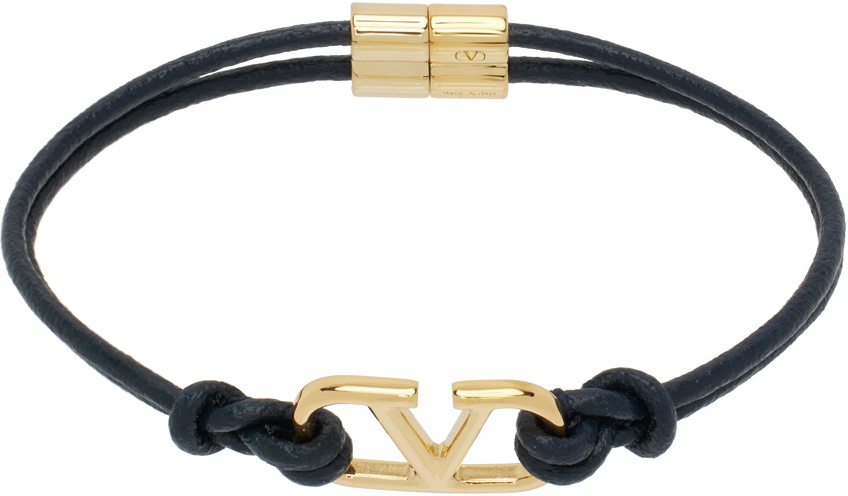 Valentino Garavani Navy Leather VLogo Signature Bracelet