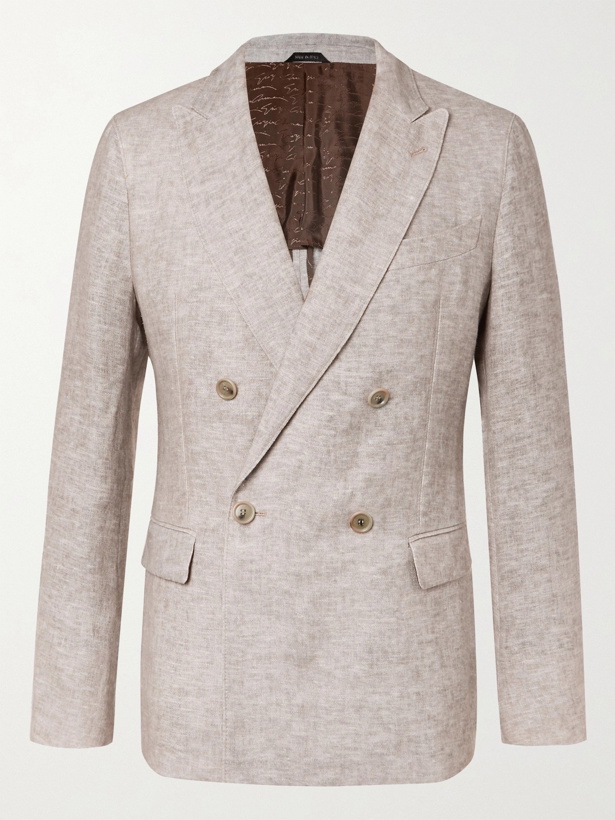 Photo: GIORGIO ARMANI - Double-Breasted Mélange Linen Suit Jacket - Gray - IT 46