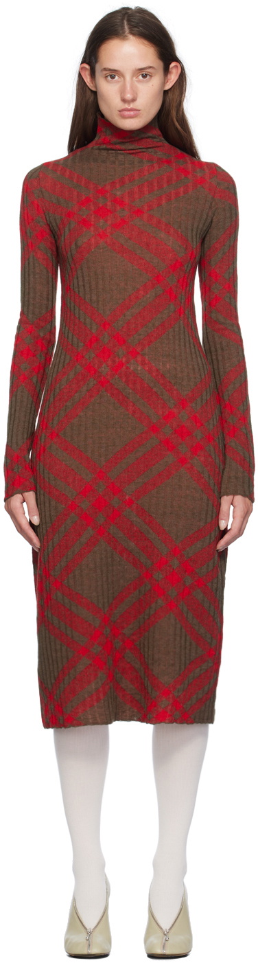 Burberry Red & Brown Check Midi Dress
