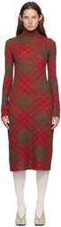 Burberry Red & Brown Check Midi Dress