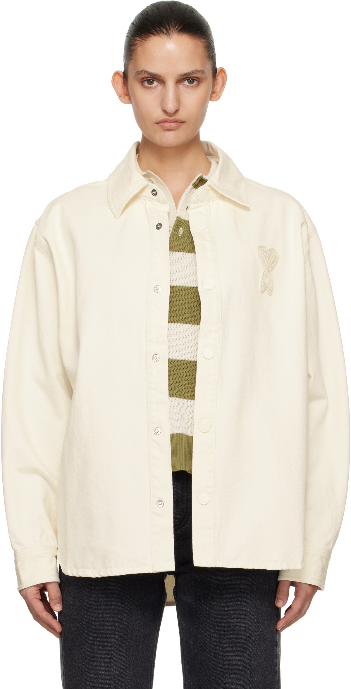 AMI Paris Off-White Cotton Knitted 'Ami de Coeur' Overshirt
