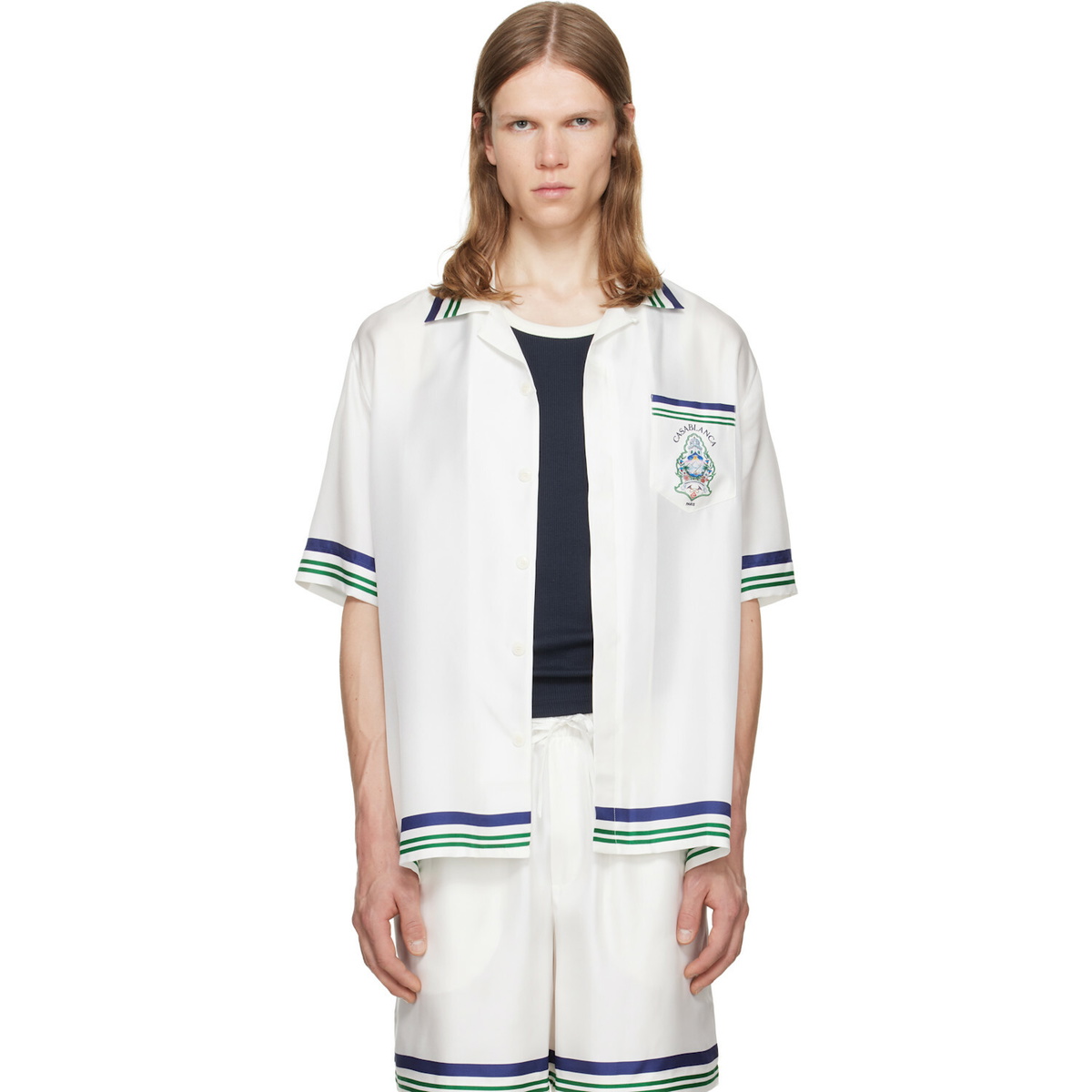 Casablanca White Hotel Emblem Short Sleeve Silk Shirt