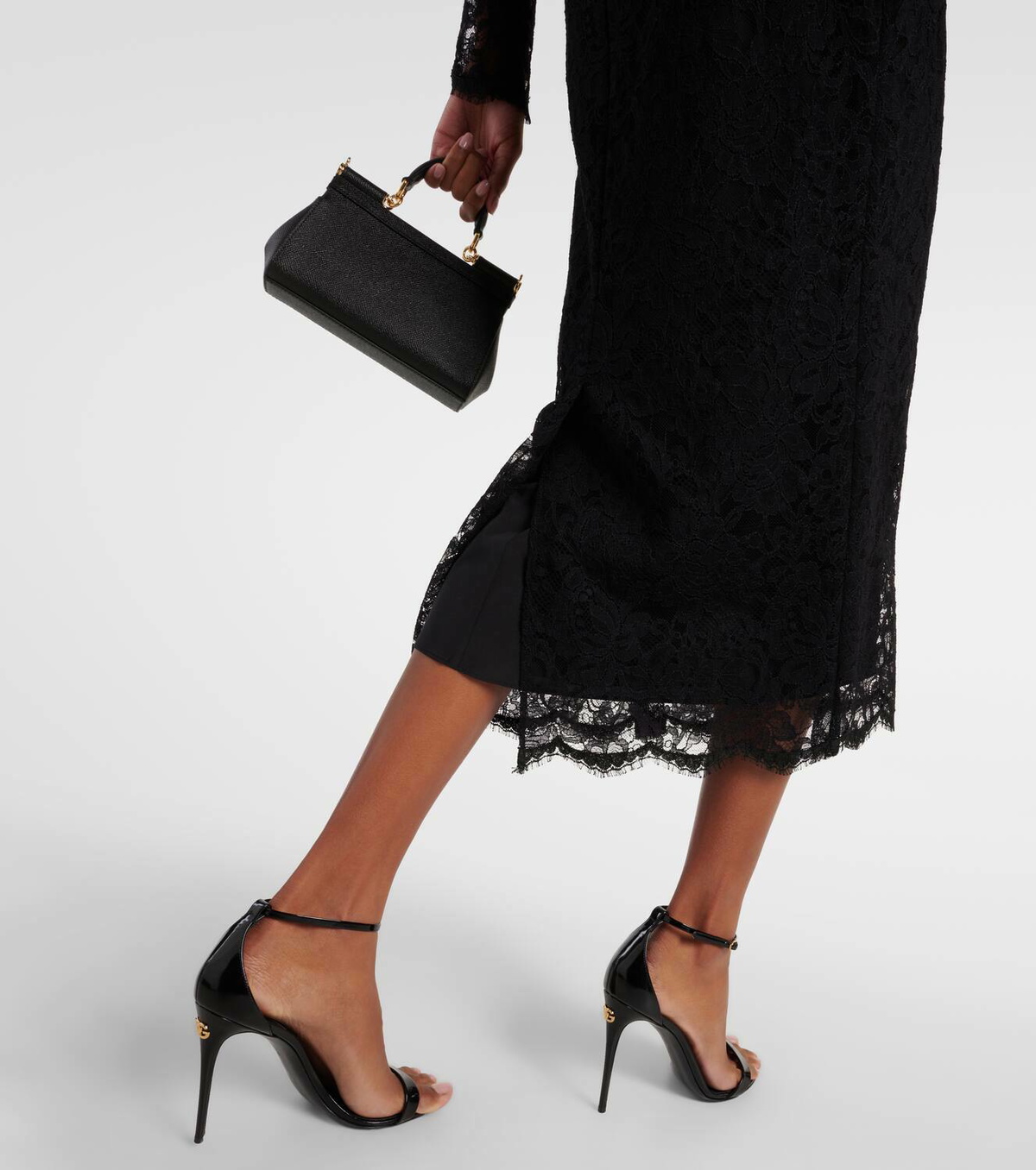 slim fit dress slacks Dolce & Gabbana Floral Tiered Lace Trim Midi Dress