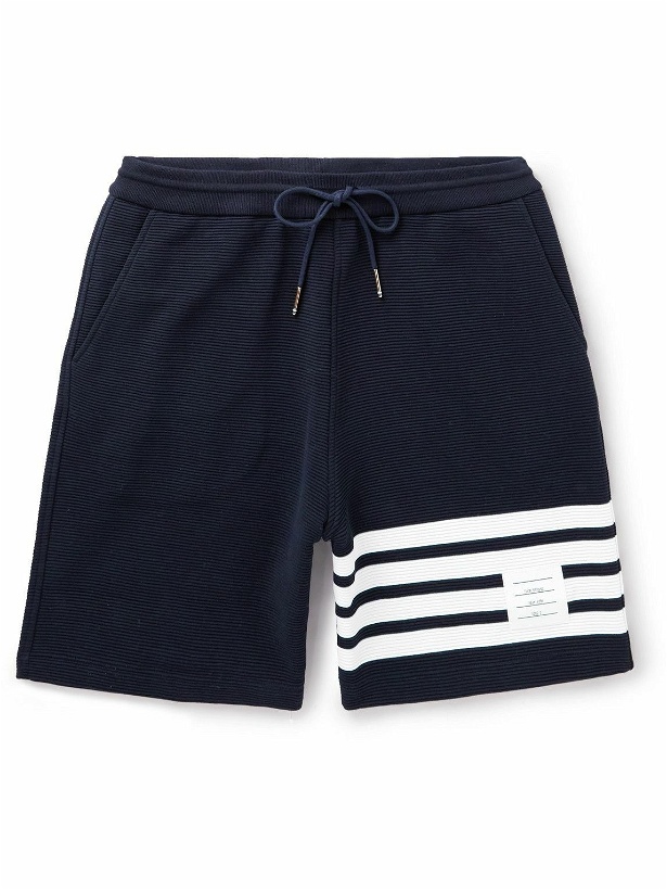 Photo: Thom Browne - Straight-Leg Striped Ribbed Cotton-Jersey Drawstring Shorts - Blue