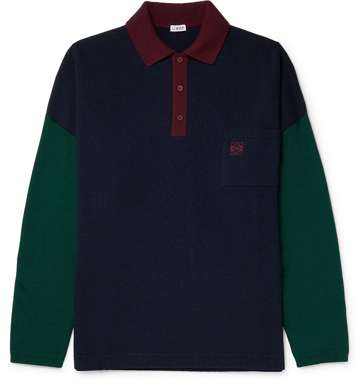 Photo: Loewe - Logo-Embroidered Colour-Block Wool Polo Shirt - Blue