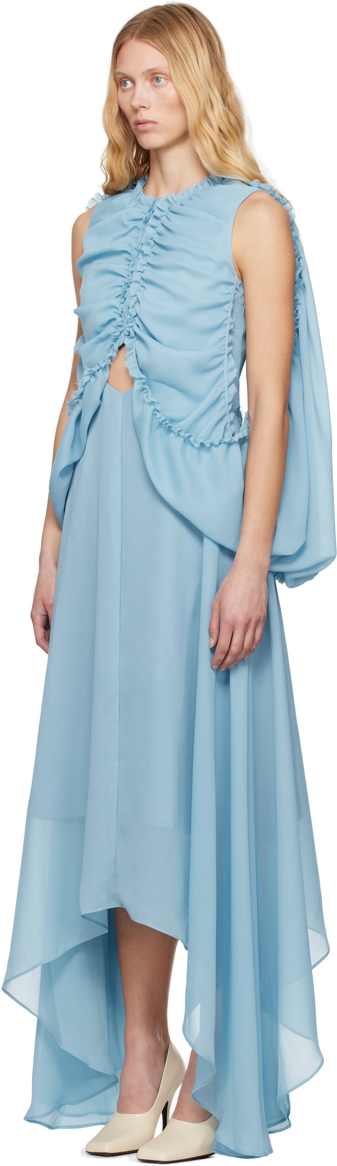 Rokh Blue Shirred Poncho Vest Midi Dress