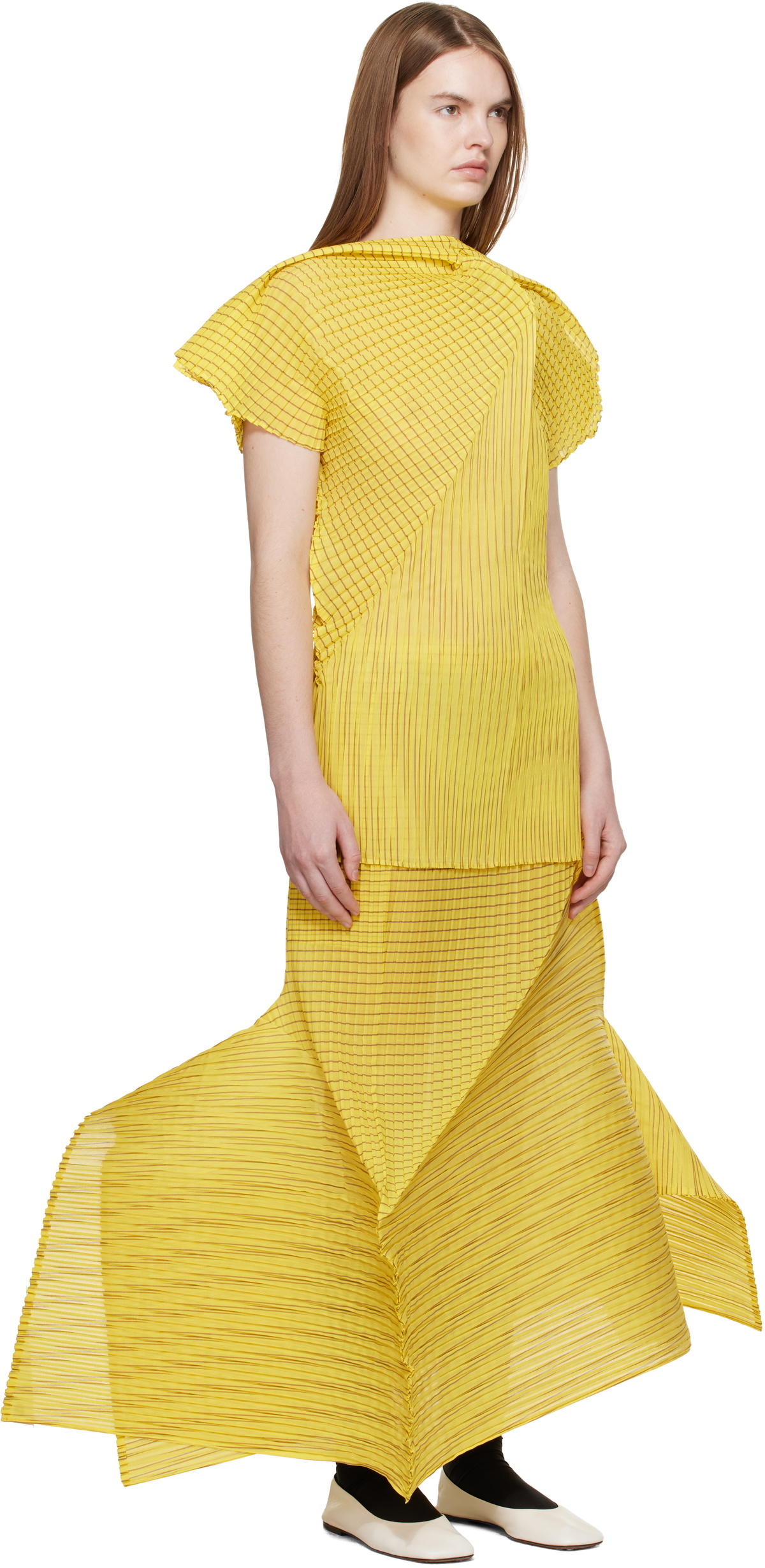 ISSEY MIYAKE Yellow Generic Stripes Machine Pleats Midi Skirt