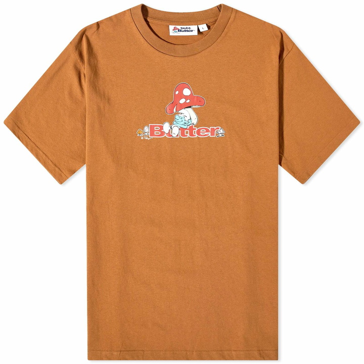 Photo: Butter Goods x The Smurfs Lazy Logo T-Shirt in Oak Brown