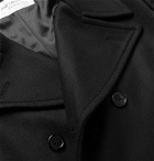 SAINT LAURENT - Leather-Trimmed Double-Breasted Virgin Wool Peacoat - Black