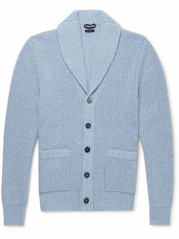 Photo: TOM FORD - Shawl-Collar Ribbed Cashmere and Linen-Blend Cardigan - Blue