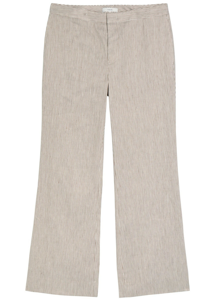 Vince Ticking Striped Flared-leg Linen and Cotton-blend Trousers Taupe