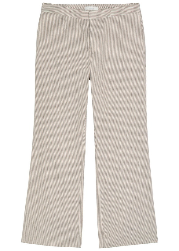 Photo: Vince Ticking Striped Flared-leg Linen and Cotton-blend Trousers Taupe