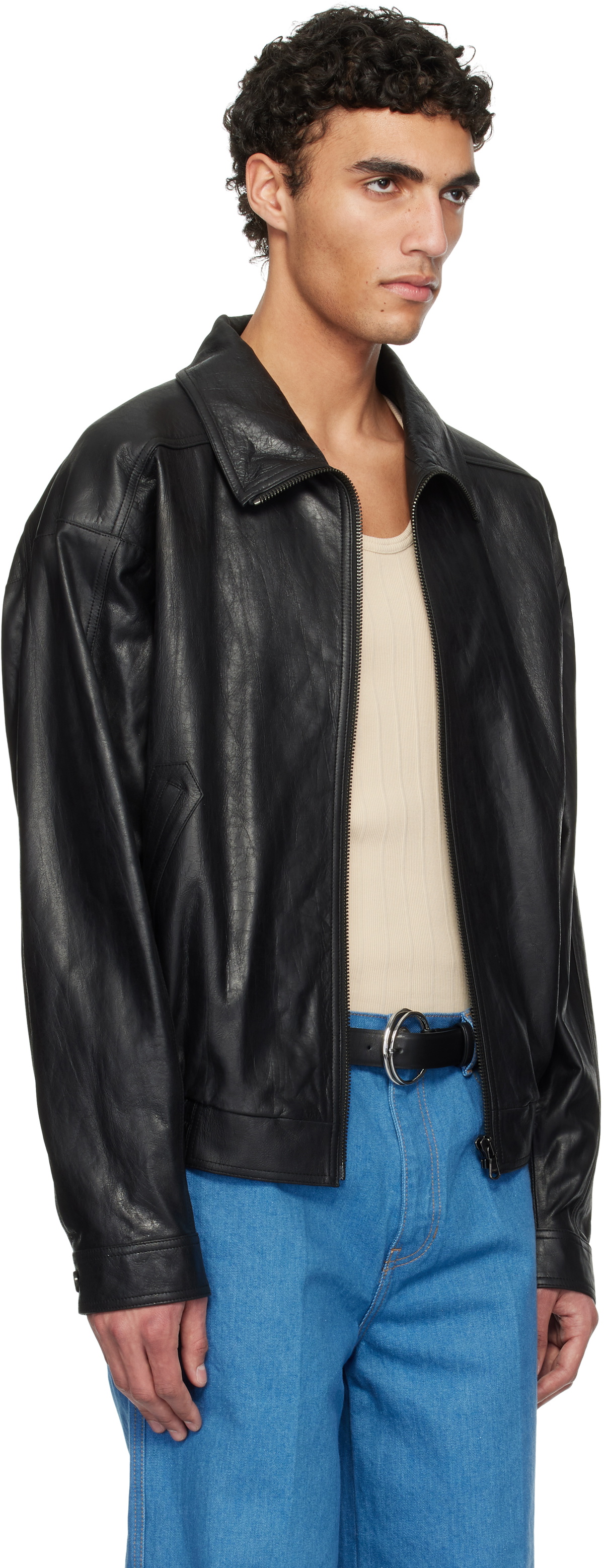 RECTO Black Vintage Crack Effect Leather Jacket