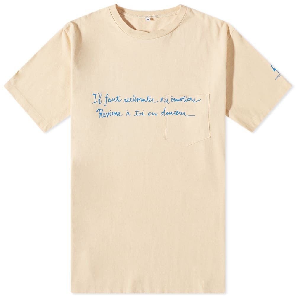 Photo: Engineered Garments Men's Emotion Cross Crew T-Shirt in Peach