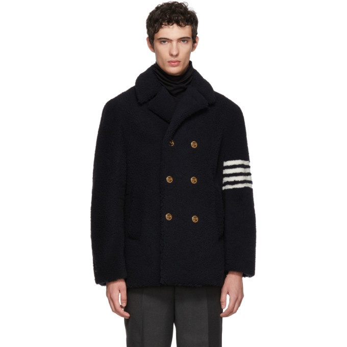 Photo: Thom Browne Navy Shearling Unconstructed Classic Peacoat