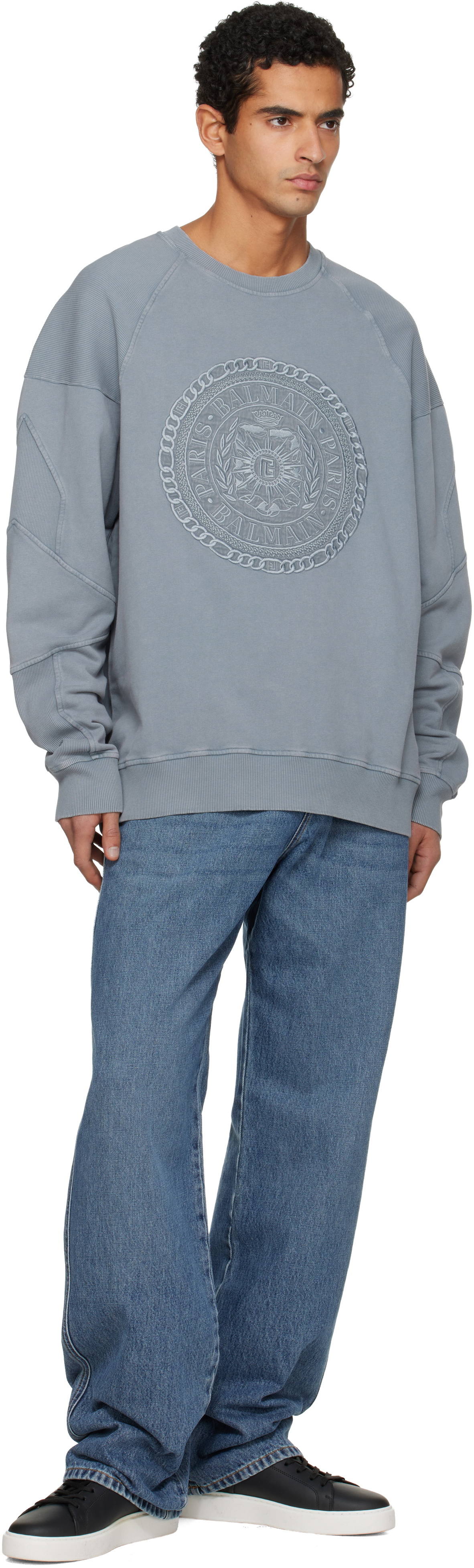 Balmain Gray Embroidered 'Balmain' Médaille Sweatshirt