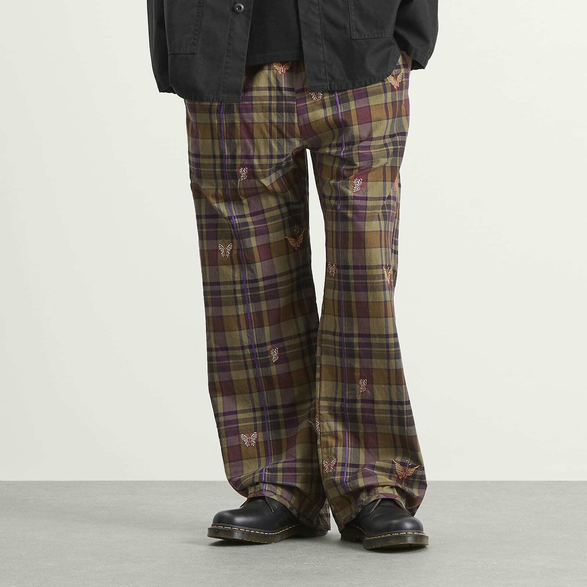 Needles Men's Embroidered Madras Plaid Easy Pants in Brown