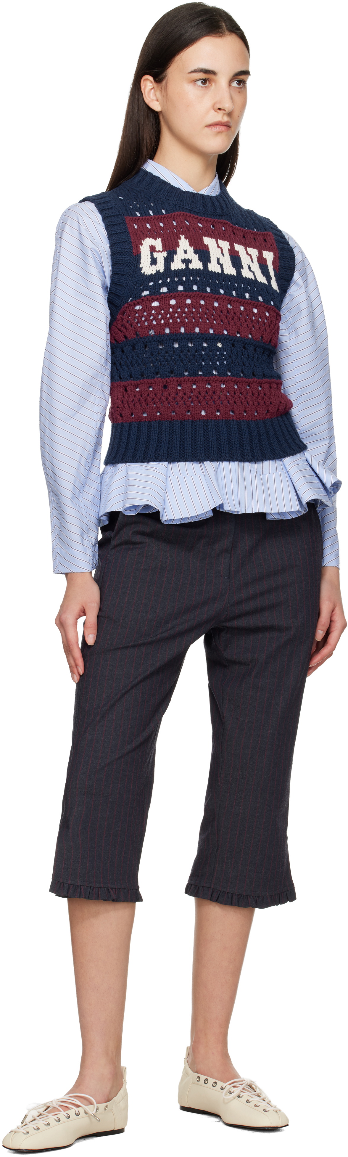 GANNI Navy & Burgundy Cotton Mixed Stripe Vest