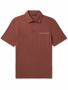 Zegna - Leather-Trimmed Cotton-Piqué Polo Shirt - Red