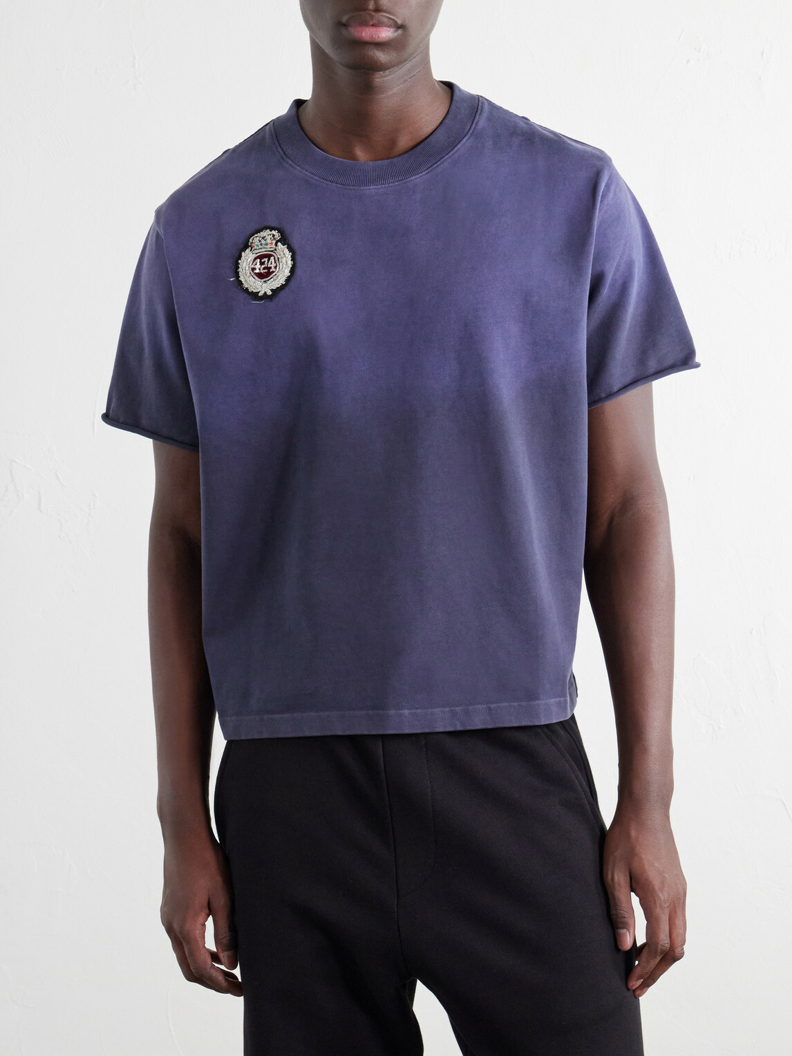 424 - Distressed Logo-Appliquéd Cotton-Jersey T-Shirt - Blue