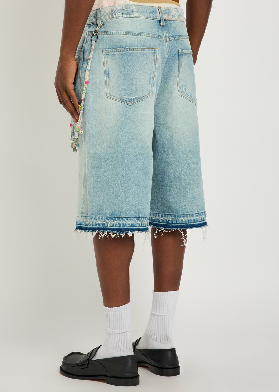Nahmias Beaded Distressed Denim Shorts Blue