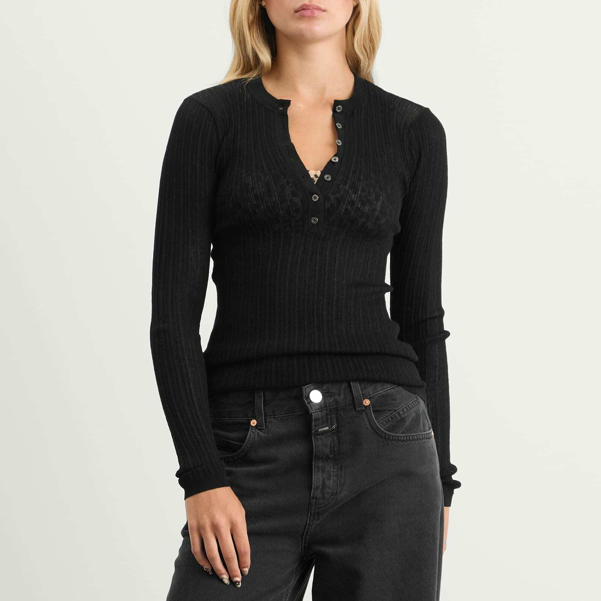 SKIMS Women's Sheer Knit Long Sleeve Henley Top in Onyx