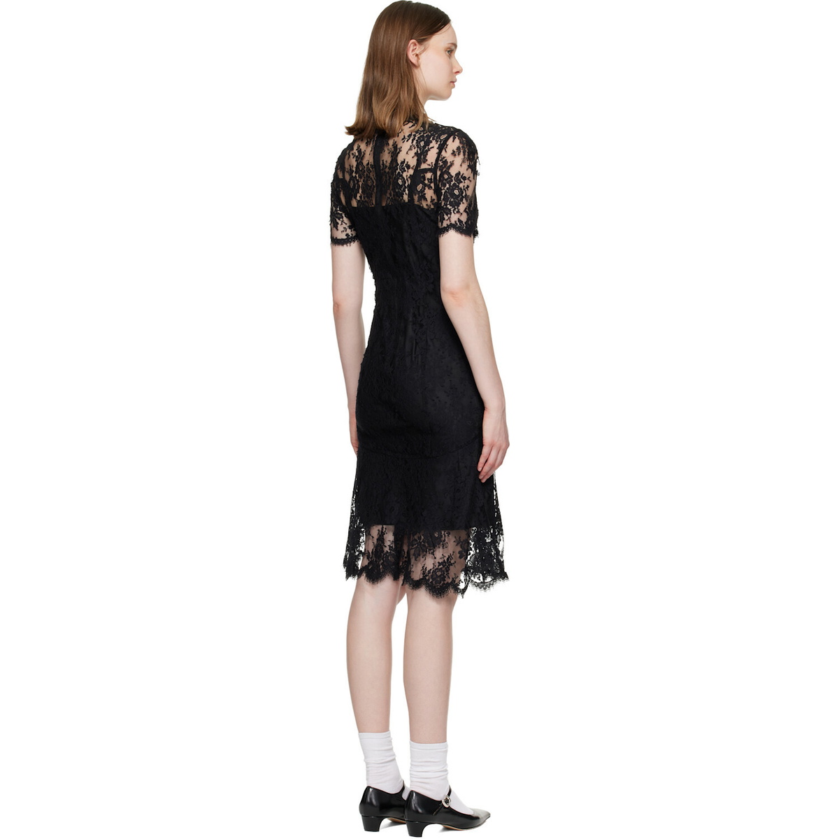 SHUSHU/TONG Black Beaded Lace Short-Sleeve Midi Dress
