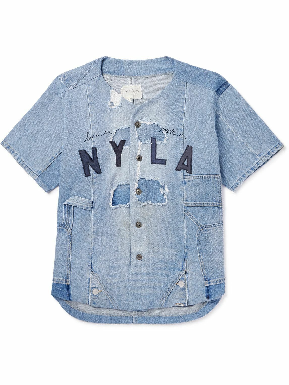 Greg Lauren - Frayed Appliquéd Embroidered Distressed Denim Shirt - Blue