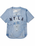 Greg Lauren - Frayed Appliquéd Embroidered Distressed Denim Shirt - Blue