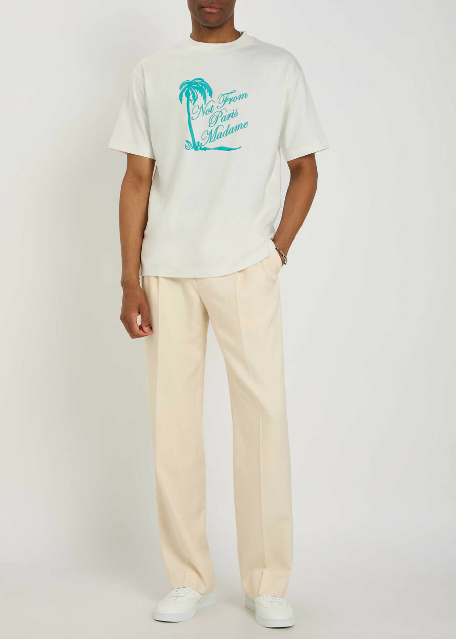 DRÔLE DE Monsieur Slogan Palmiers Printed Cotton T-shirt Off White