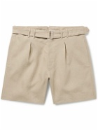Stòffa - Wide-Leg Belted Pleated Linen Shorts - Neutrals