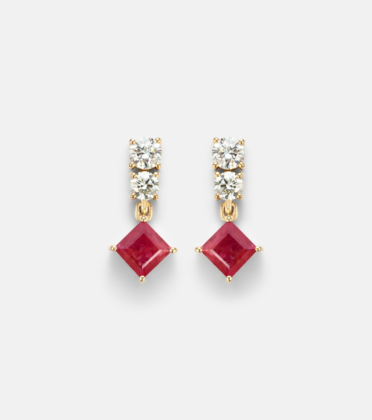 Stone and Strand 14kt gold (585/1000) earrings with diamonds, pink sapphire, and ruby
